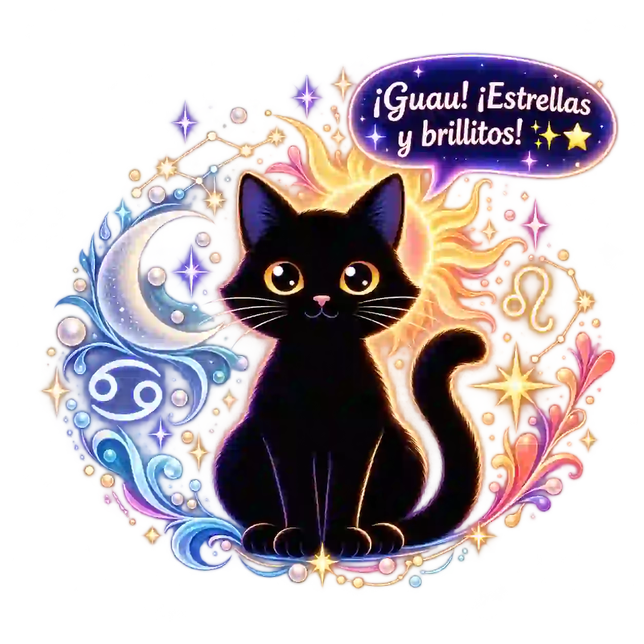 Gatinho cósmico com símbolos da Lua, de Câncer, do Sol e de Leão, dizendo: Guau! Estrellas y brillitos!