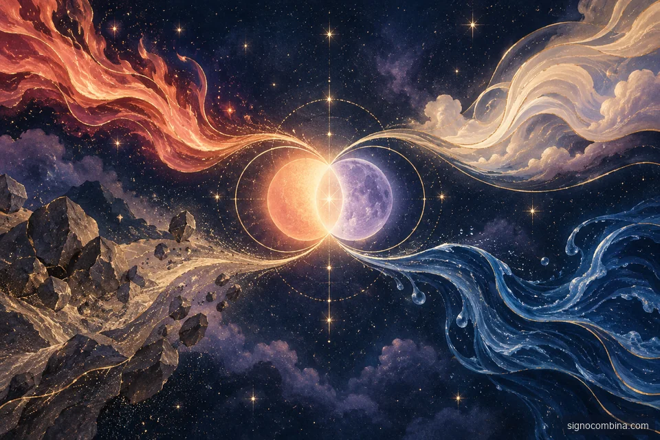 Quatro correntes elementais convergem para duas órbitas luminosas