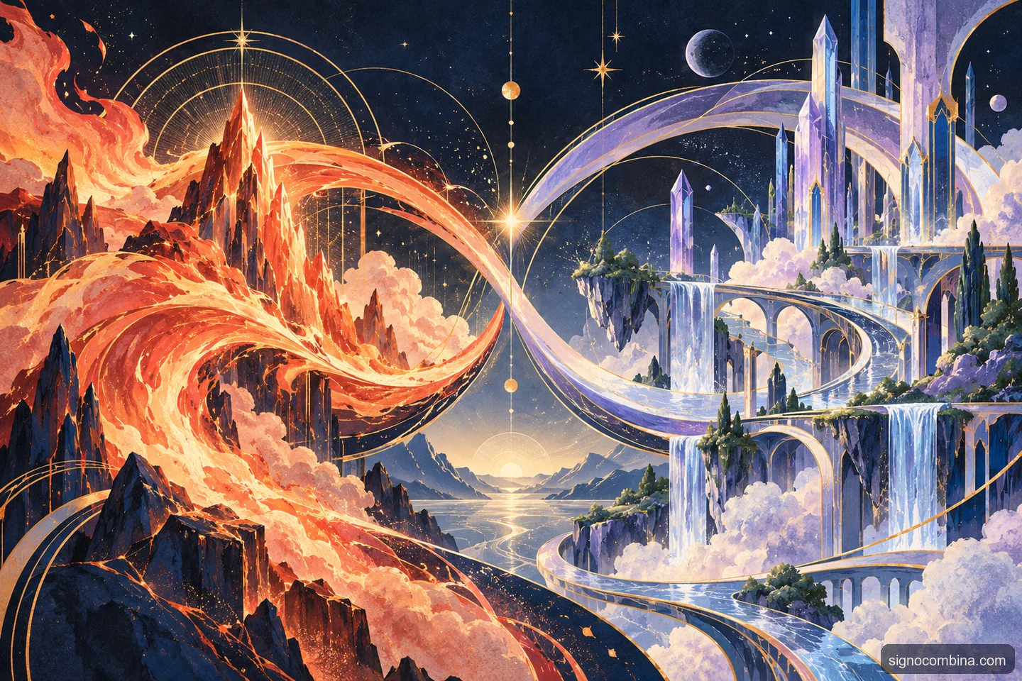 Ilustração celeste do encontro entre Áries e Aquário