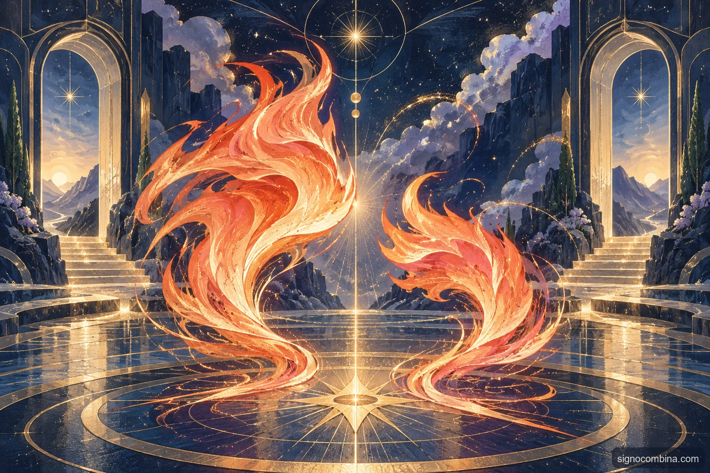 Ilustração celeste do encontro entre Áries e Áries