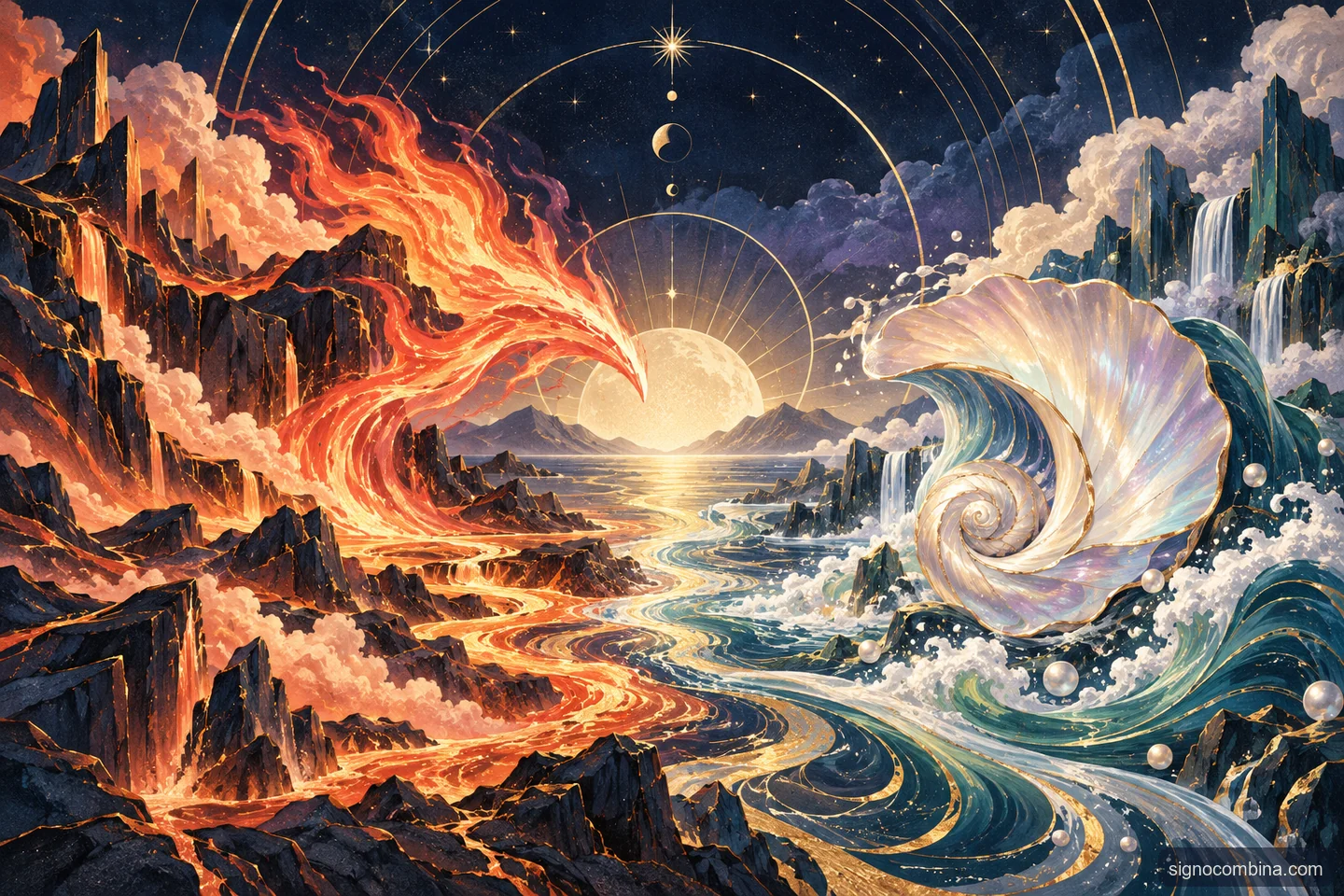 Ilustração celeste do encontro entre Áries e Câncer