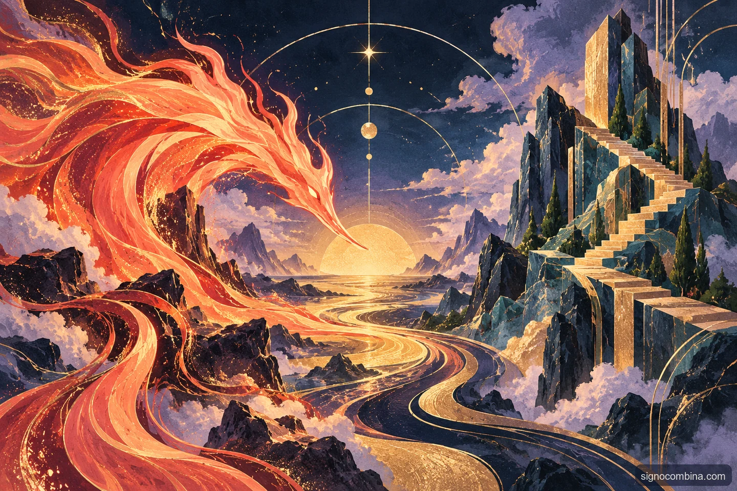 Ilustração celeste do encontro entre Áries e Capricórnio