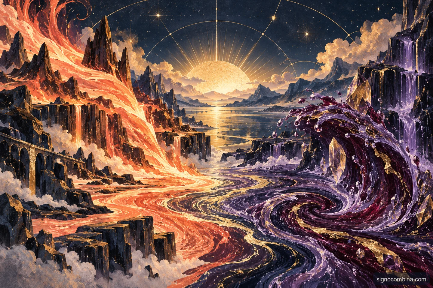 Ilustração celeste do encontro entre Áries e Escorpião