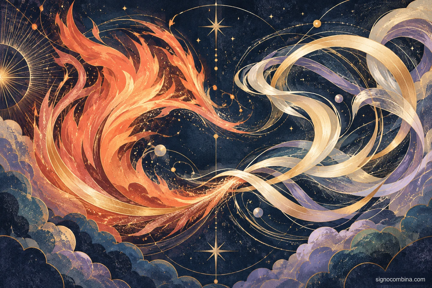 Ilustração celeste do encontro entre Áries e Gêmeos