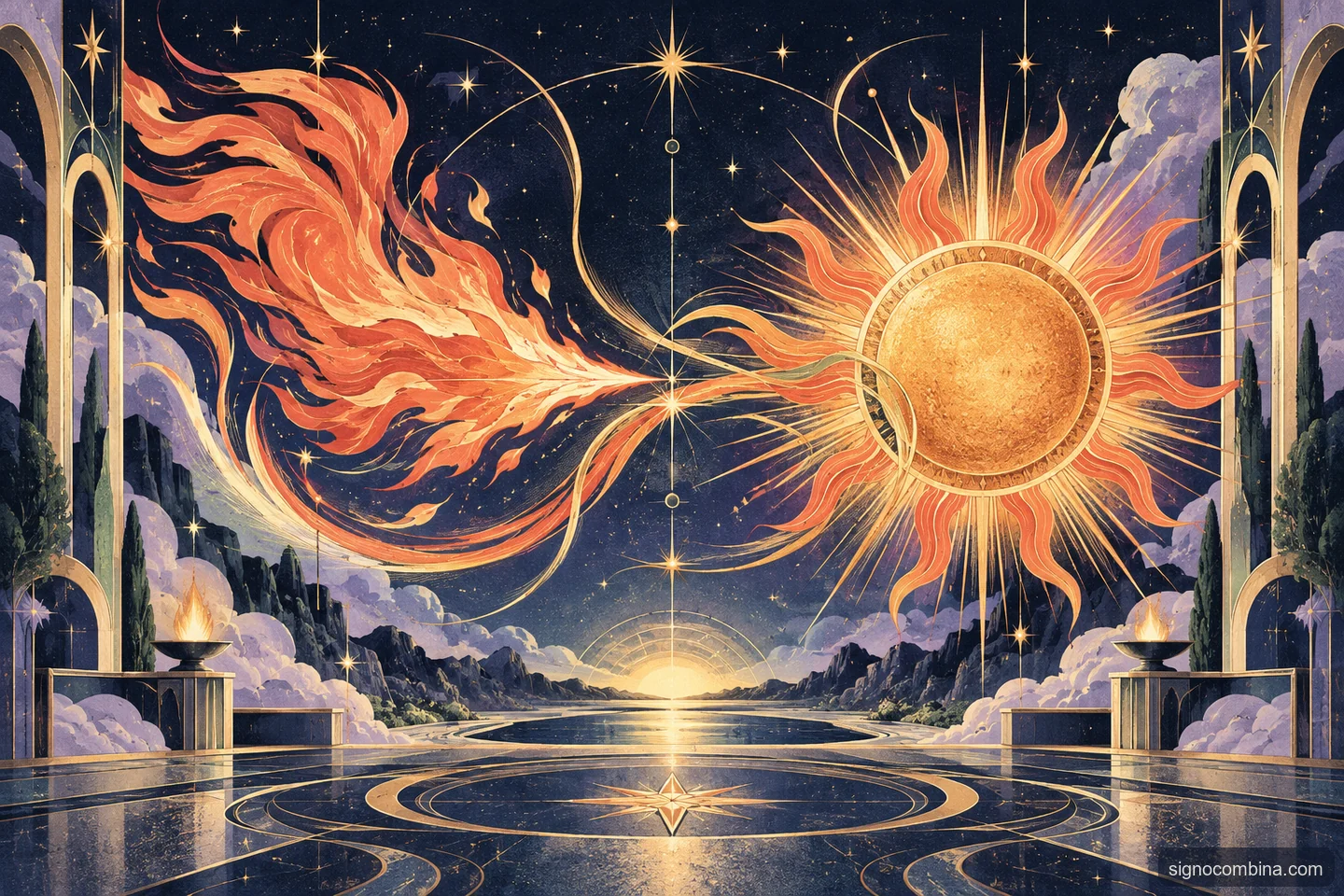 Ilustração celeste do encontro entre Áries e Leão