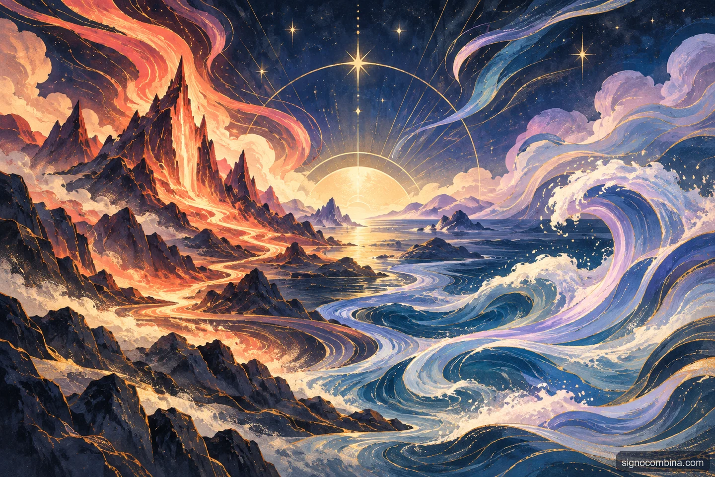 Ilustração celeste do encontro entre Áries e Peixes