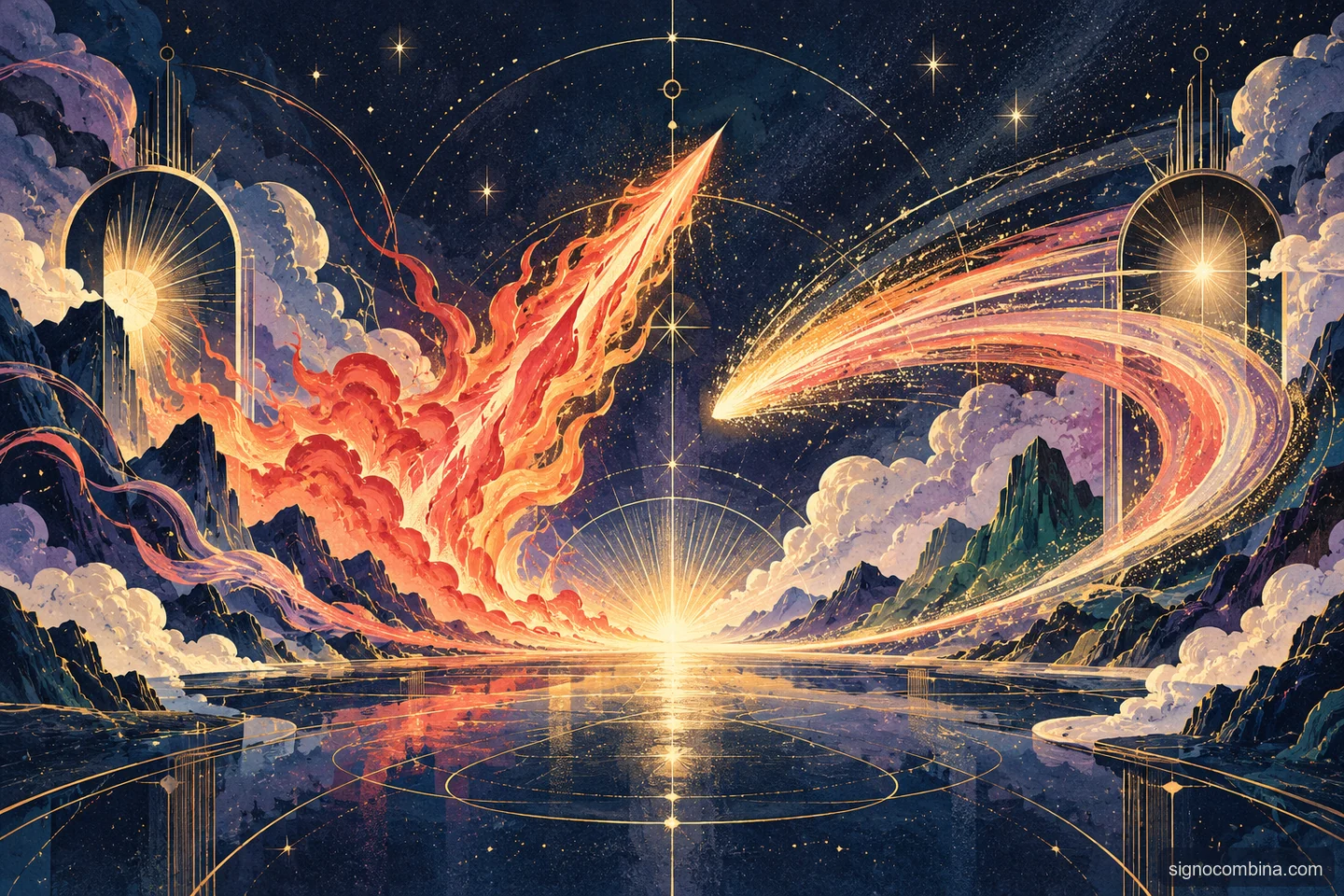Ilustração celeste do encontro entre Áries e Sagitário