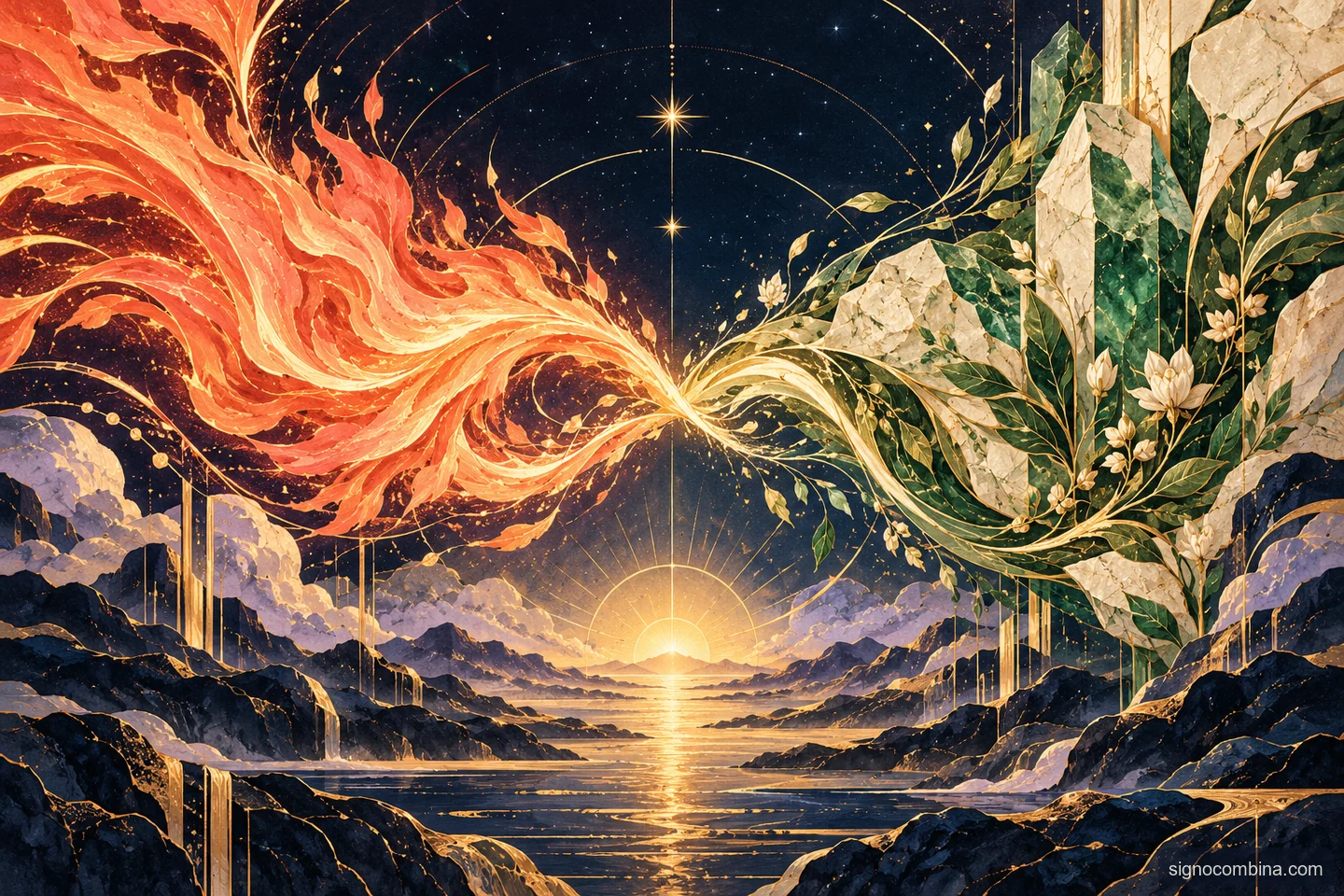 Ilustração celeste do encontro entre Áries e Virgem