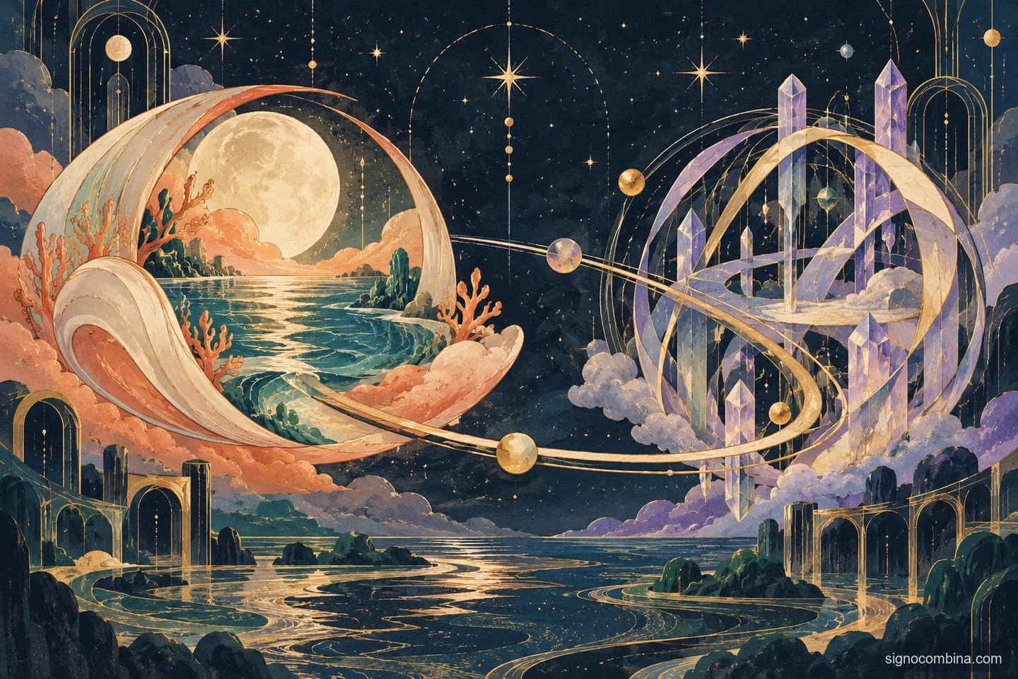 Ilustração celeste do encontro entre Câncer e Aquário