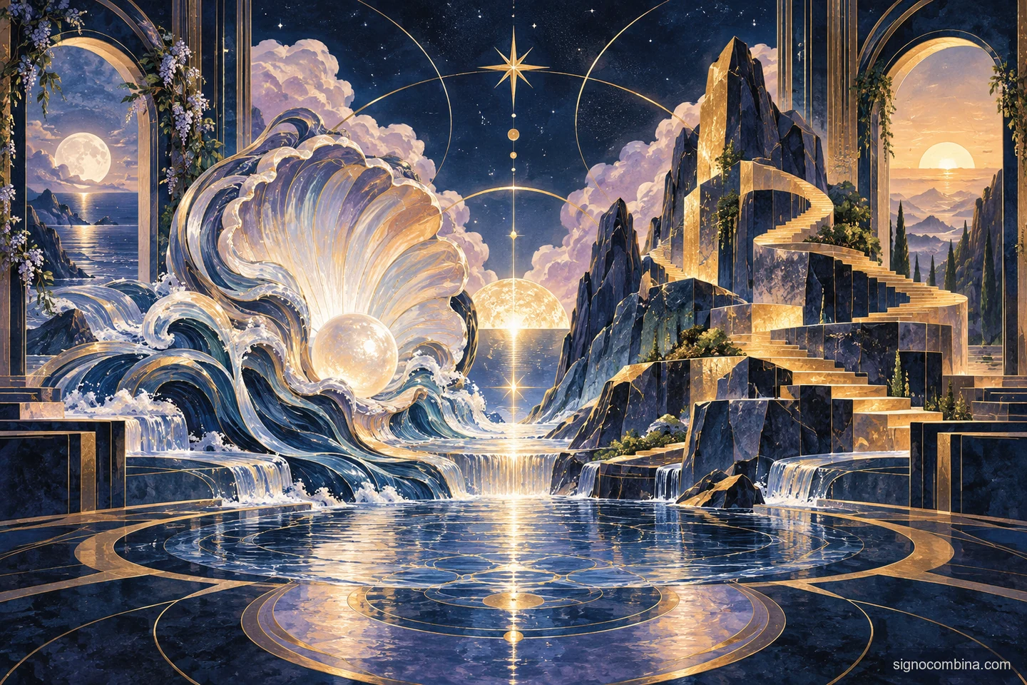Ilustração celeste do encontro entre Câncer e Capricórnio