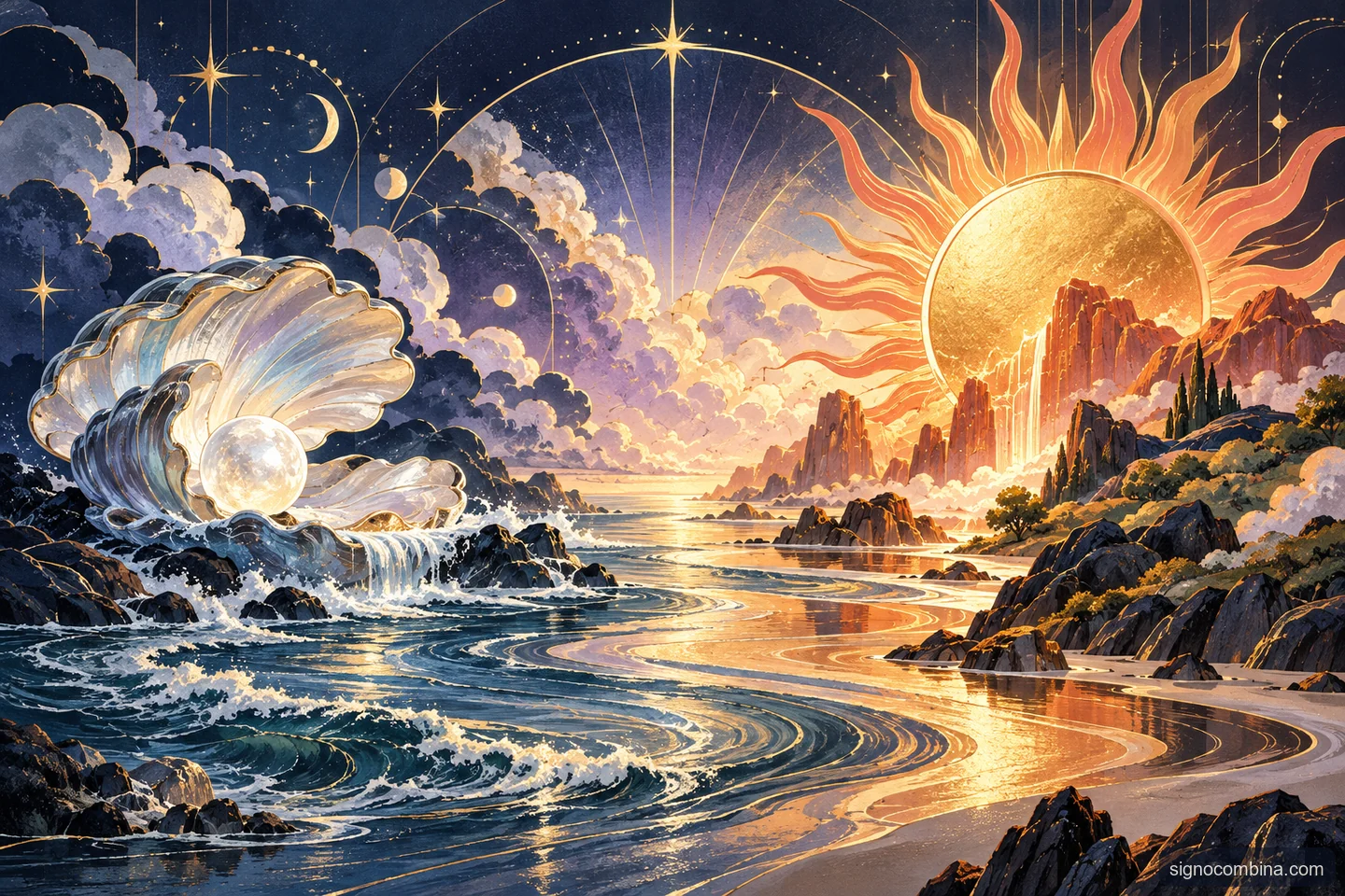 Ilustração celeste do encontro entre Câncer e Leão