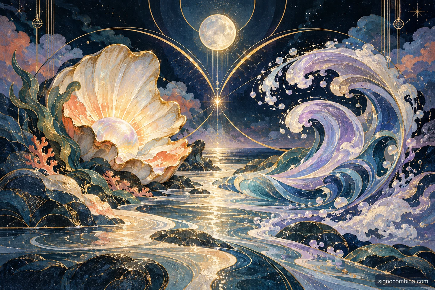 Ilustração celeste do encontro entre Câncer e Peixes