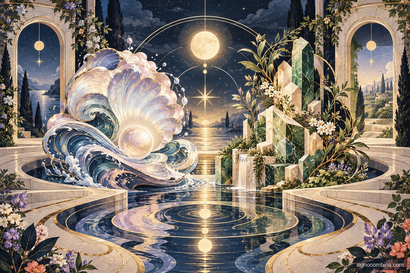 Ilustração celeste do encontro entre Câncer e Virgem