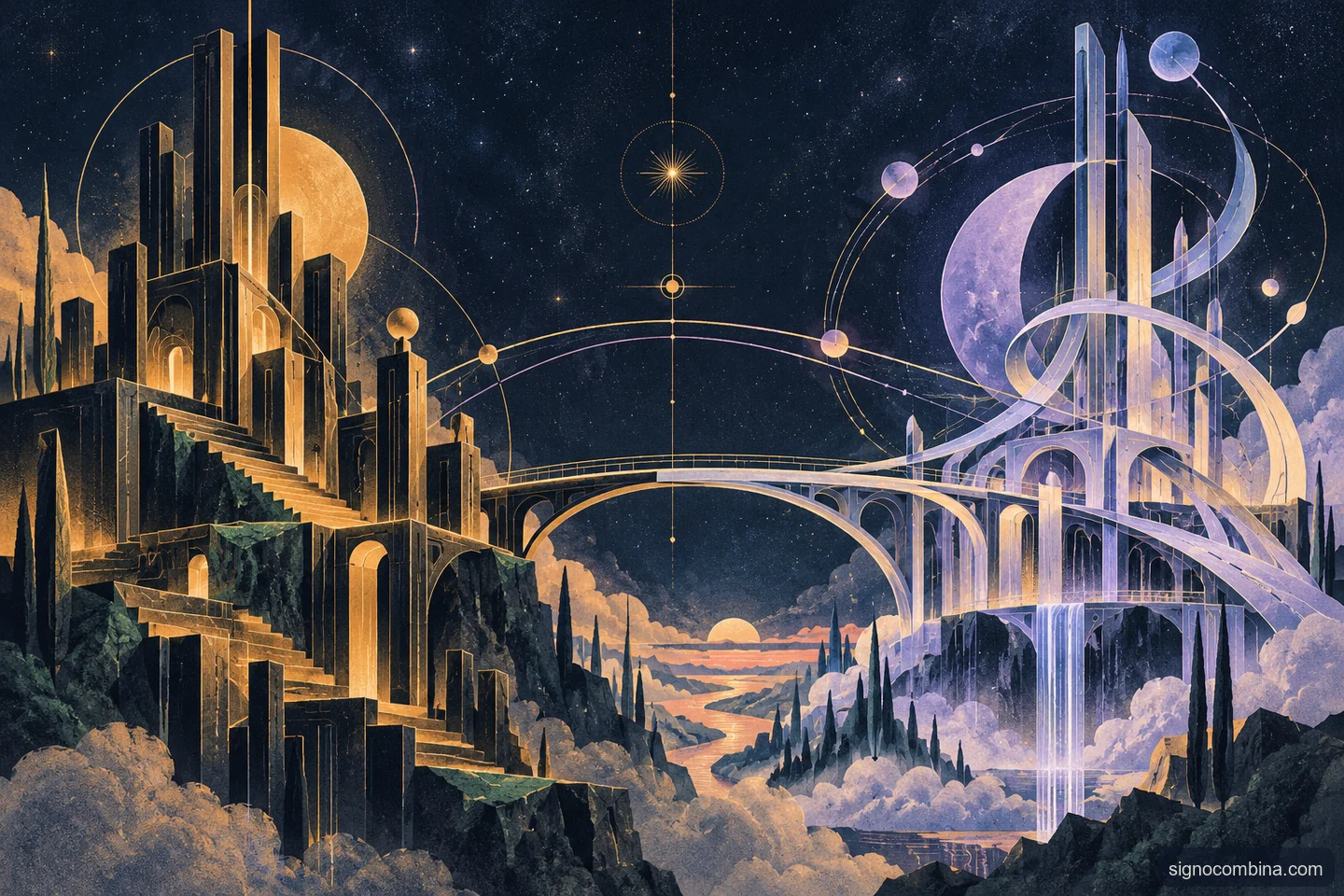 Ilustração celeste do encontro entre Capricórnio e Aquário