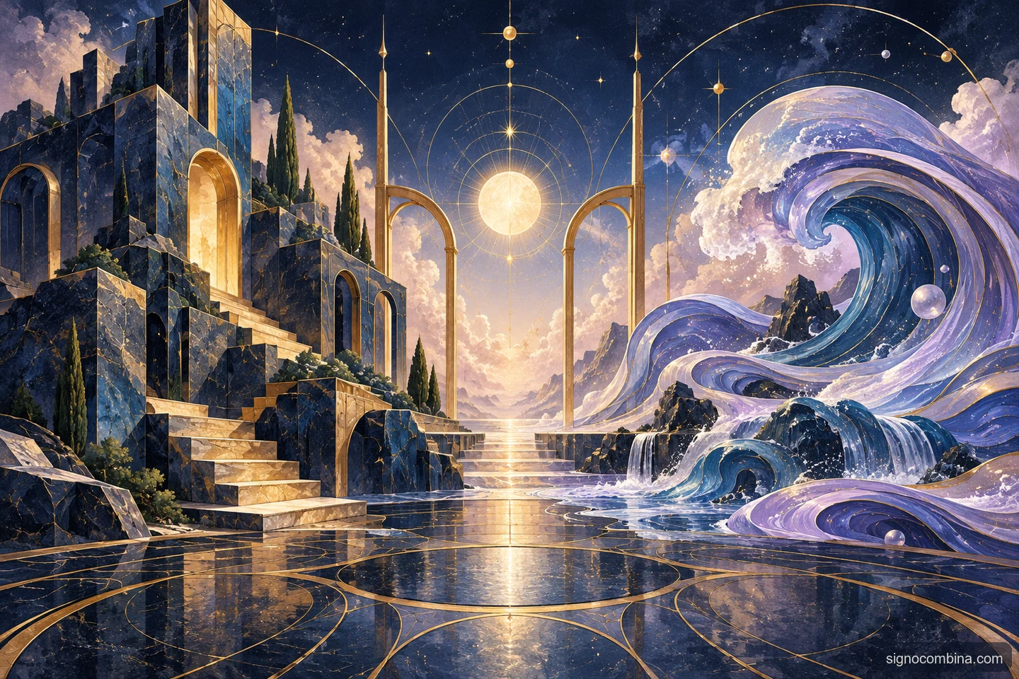 Ilustração celeste do encontro entre Capricórnio e Peixes