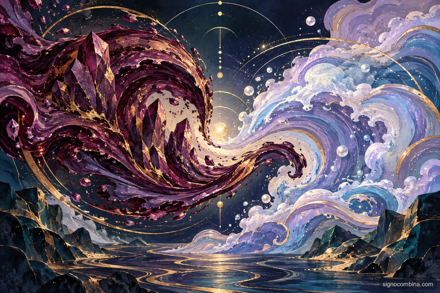 Ilustração celeste do encontro entre Escorpião e Peixes