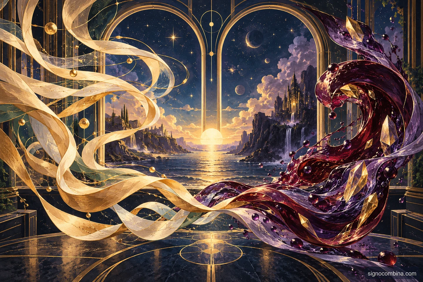 Ilustração celeste do encontro entre Gêmeos e Escorpião