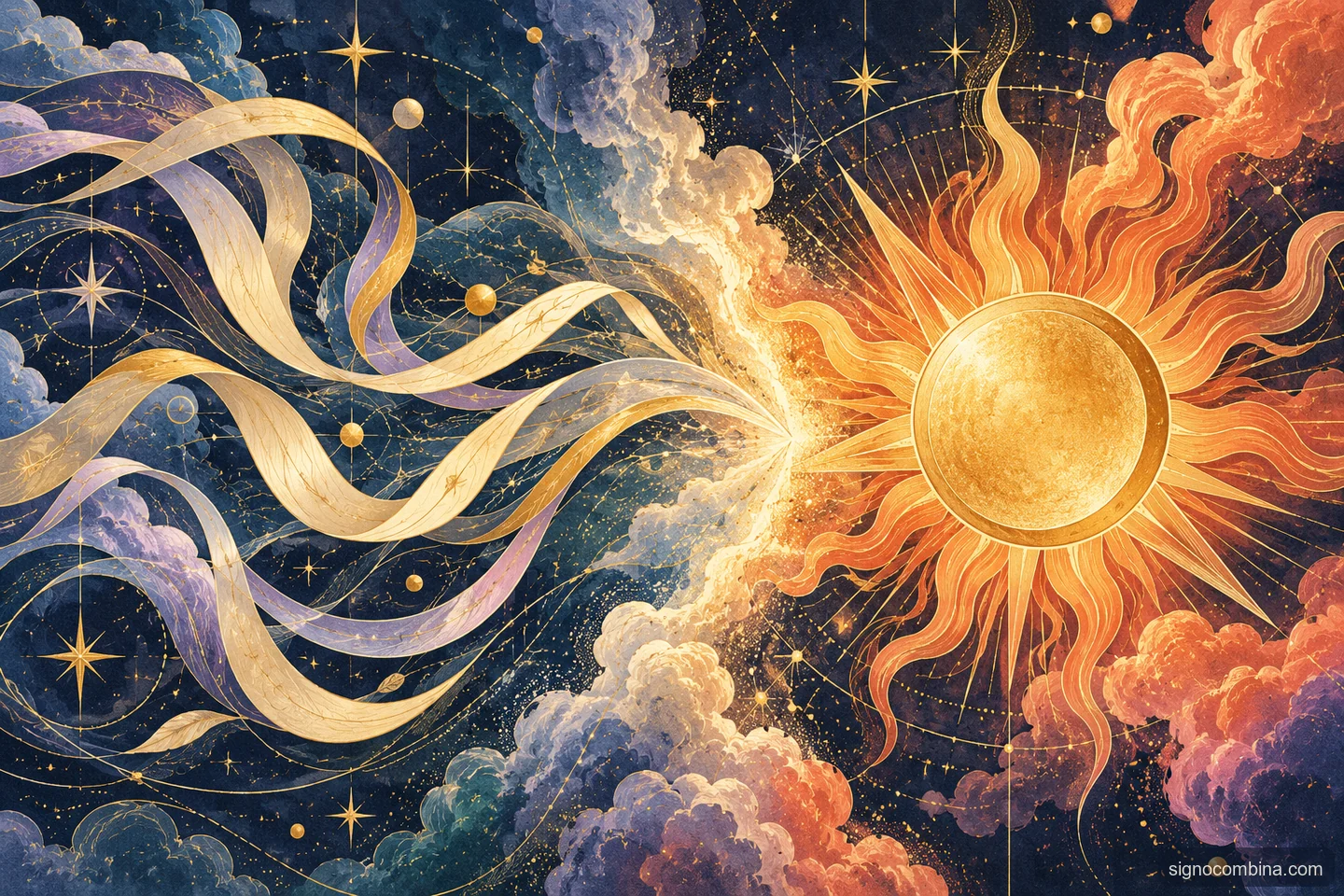 Ilustração celeste do encontro entre Gêmeos e Leão