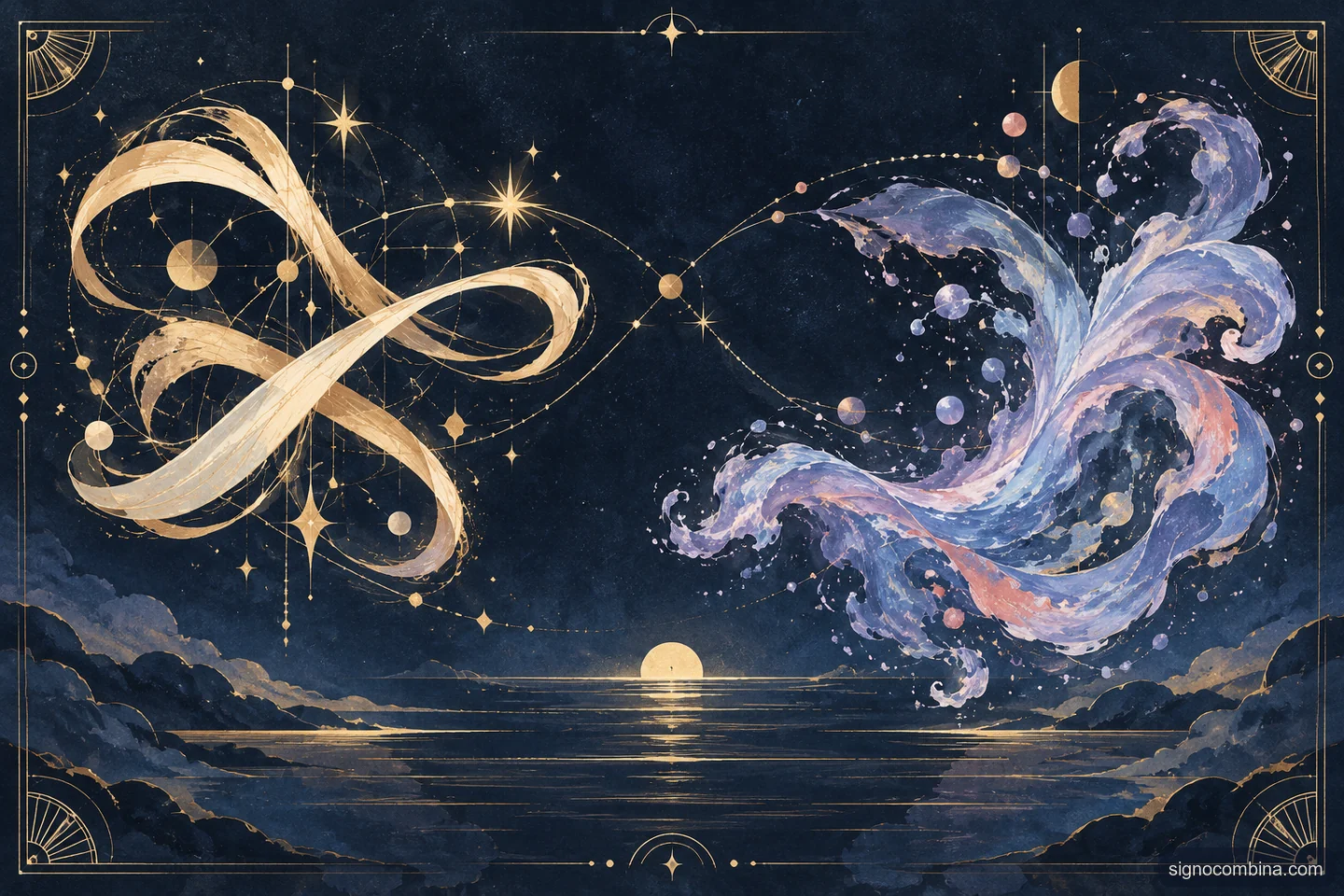 Ilustração celeste do encontro entre Gêmeos e Peixes