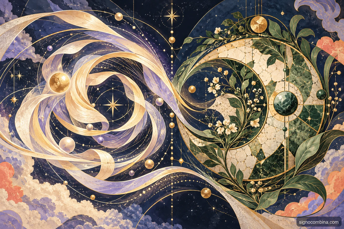 Ilustração celeste do encontro entre Gêmeos e Virgem