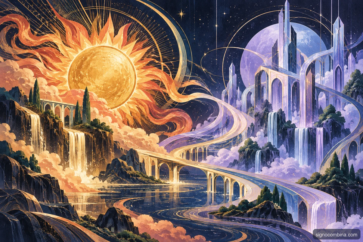 Ilustração celeste do encontro entre Leão e Aquário