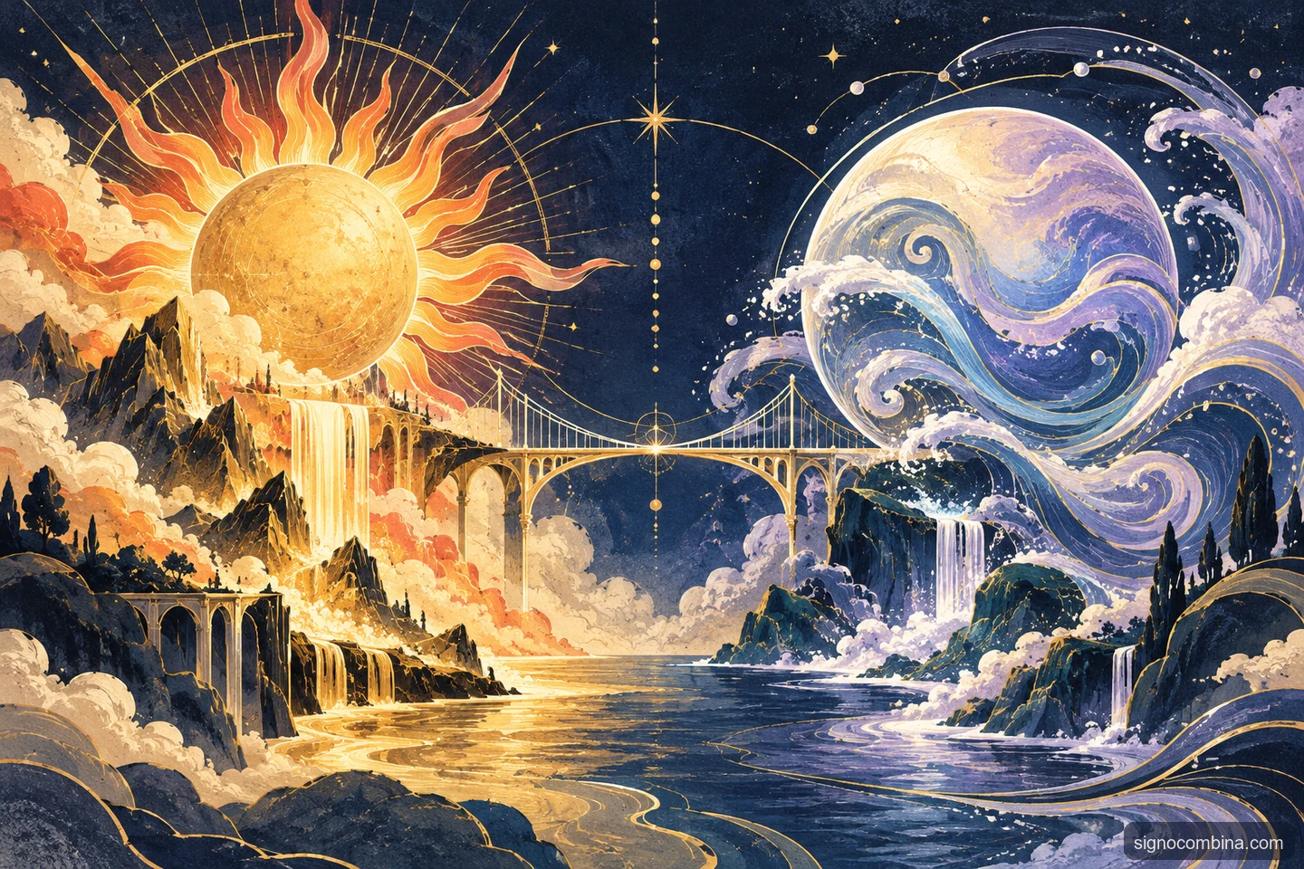Ilustração celeste do encontro entre Leão e Peixes