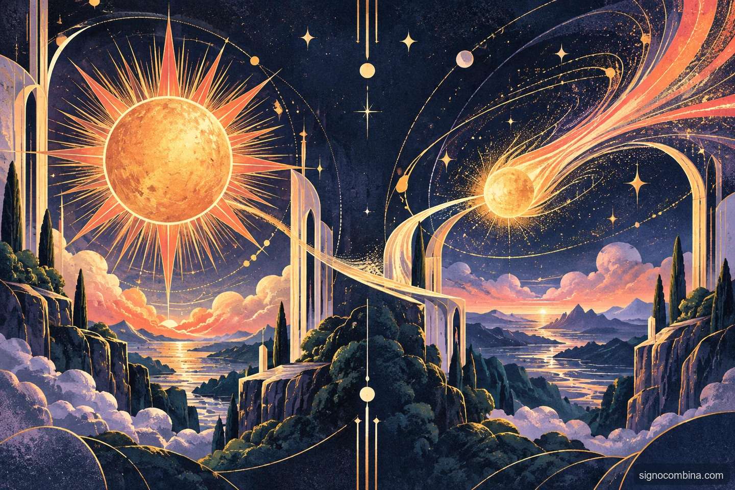 Ilustração celeste do encontro entre Leão e Sagitário