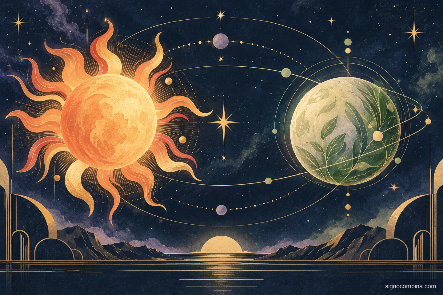Ilustração celeste do encontro entre Leão e Virgem