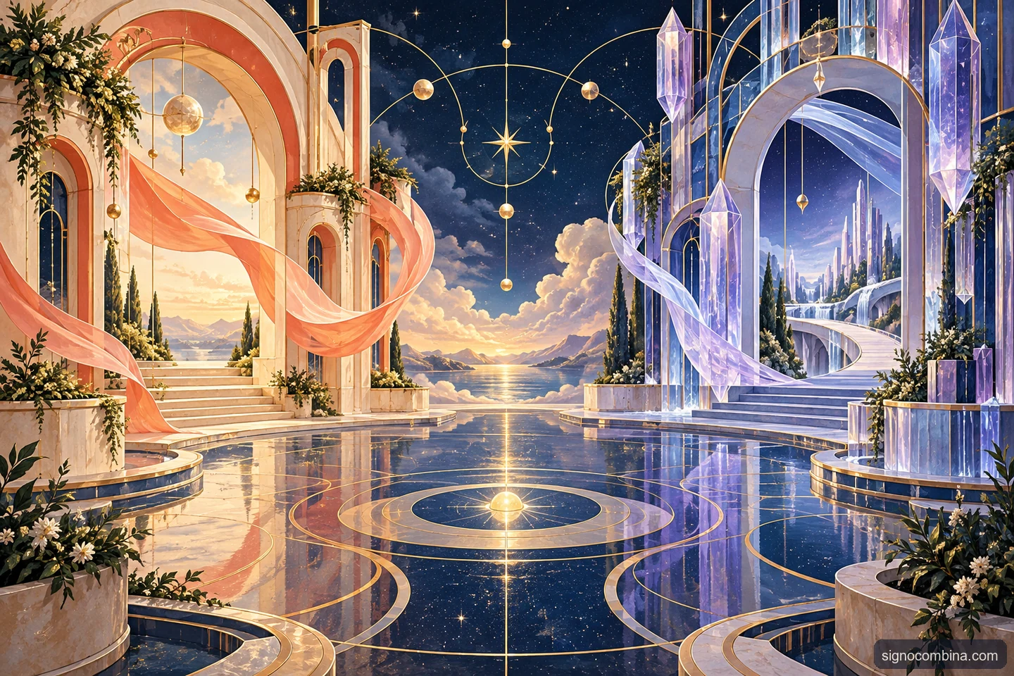 Ilustração celeste do encontro entre Libra e Aquário