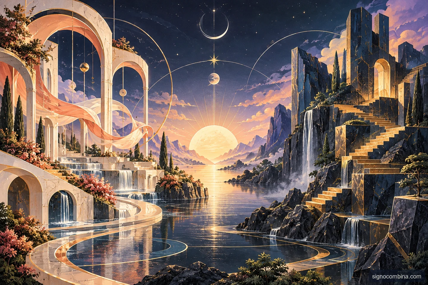 Ilustração celeste do encontro entre Libra e Capricórnio