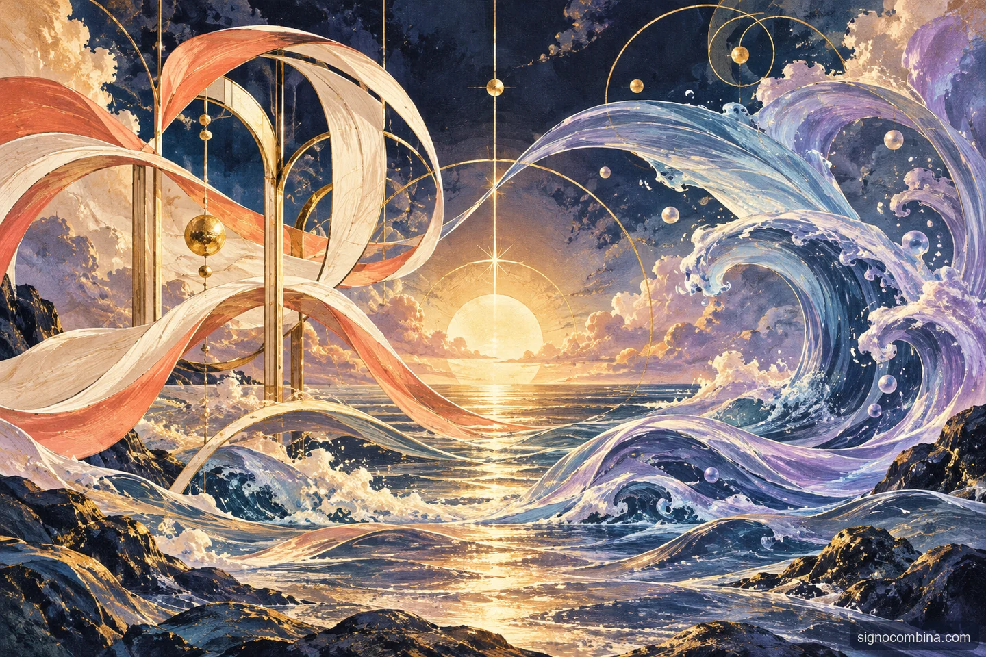 Ilustração celeste do encontro entre Libra e Peixes