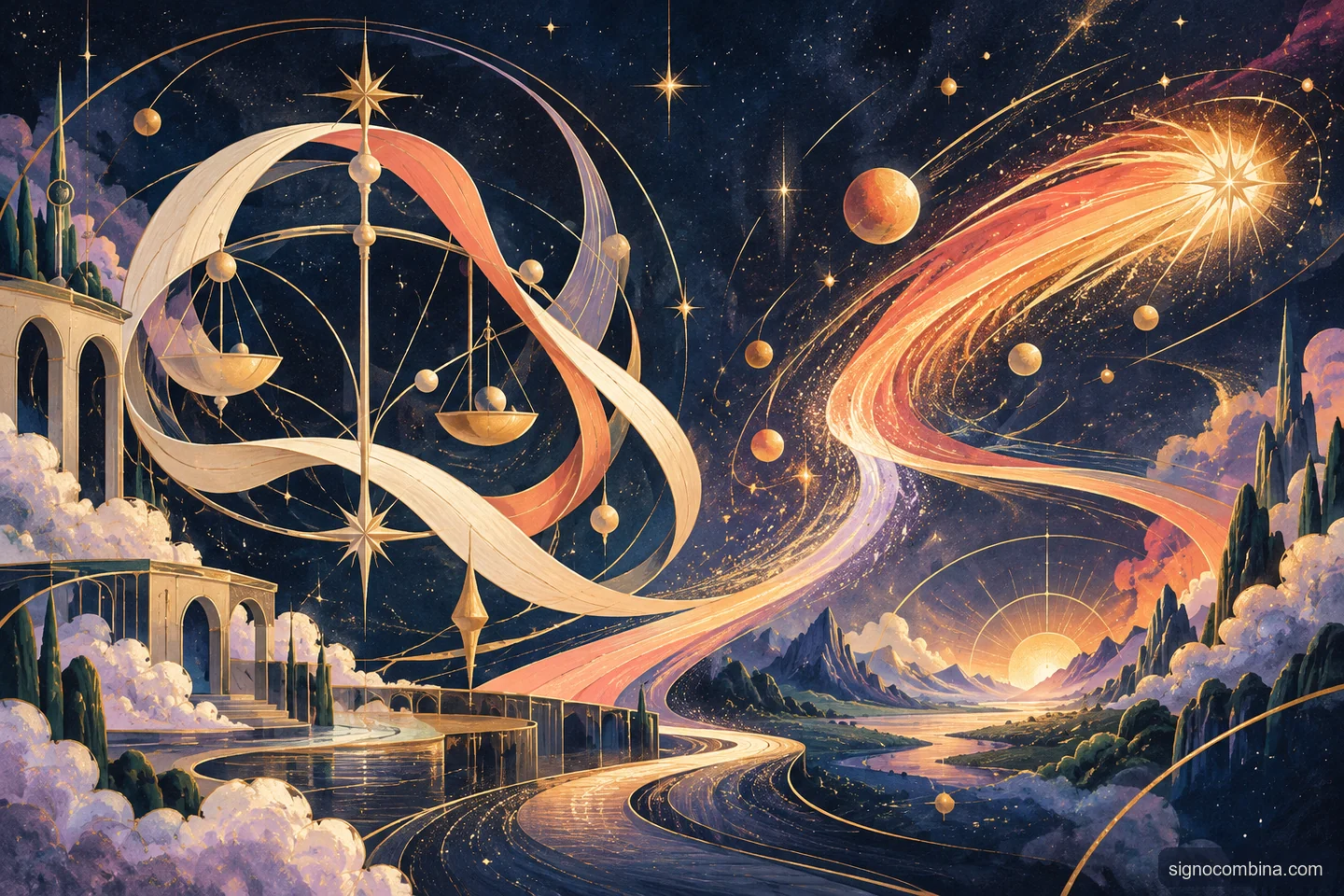 Ilustração celeste do encontro entre Libra e Sagitário