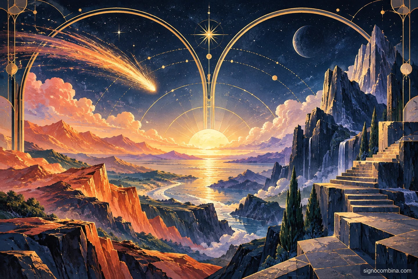 Ilustração celeste do encontro entre Sagitário e Capricórnio
