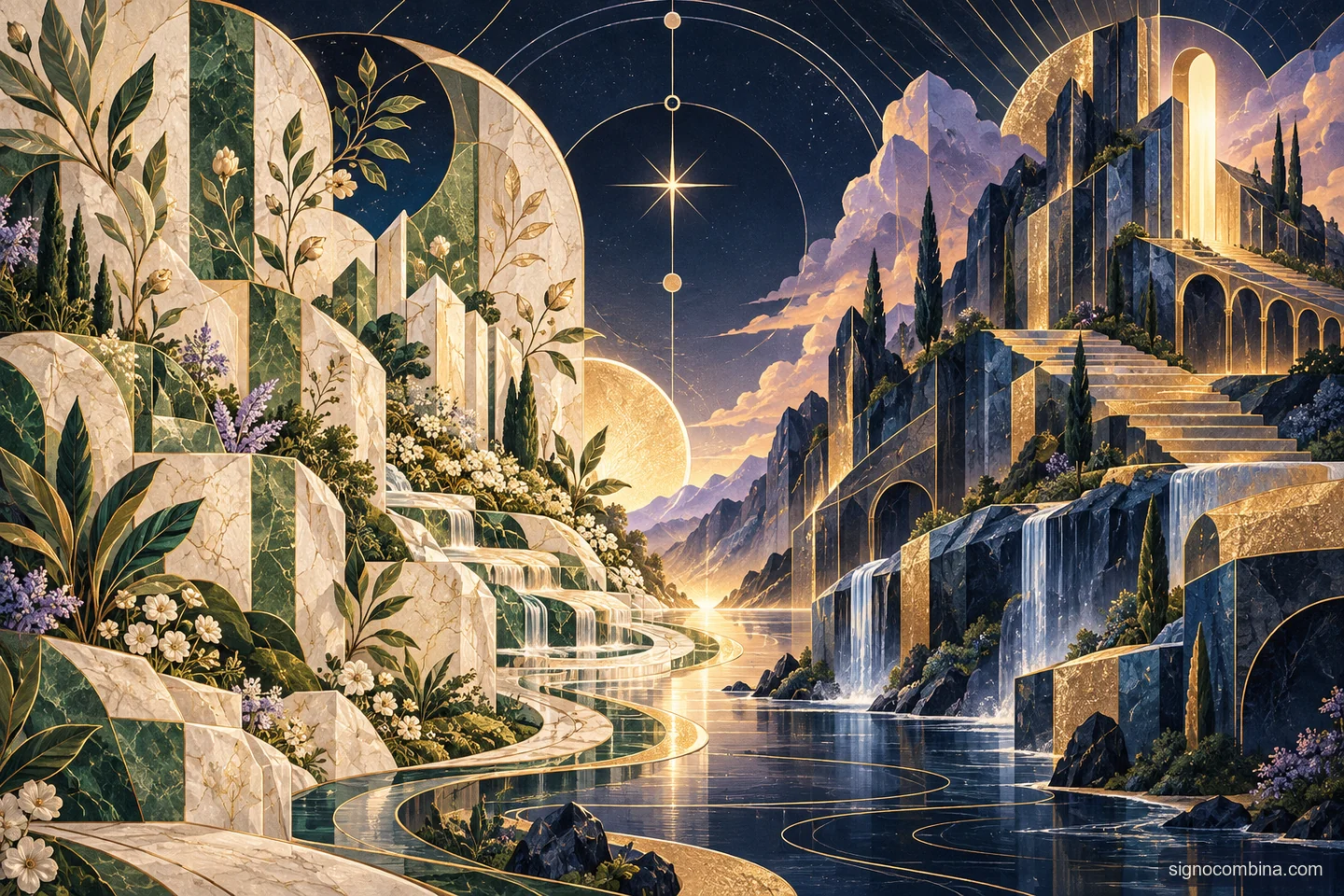 Ilustração celeste do encontro entre Virgem e Capricórnio