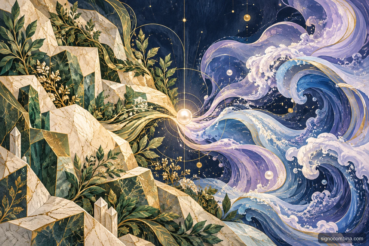 Ilustração celeste do encontro entre Virgem e Peixes