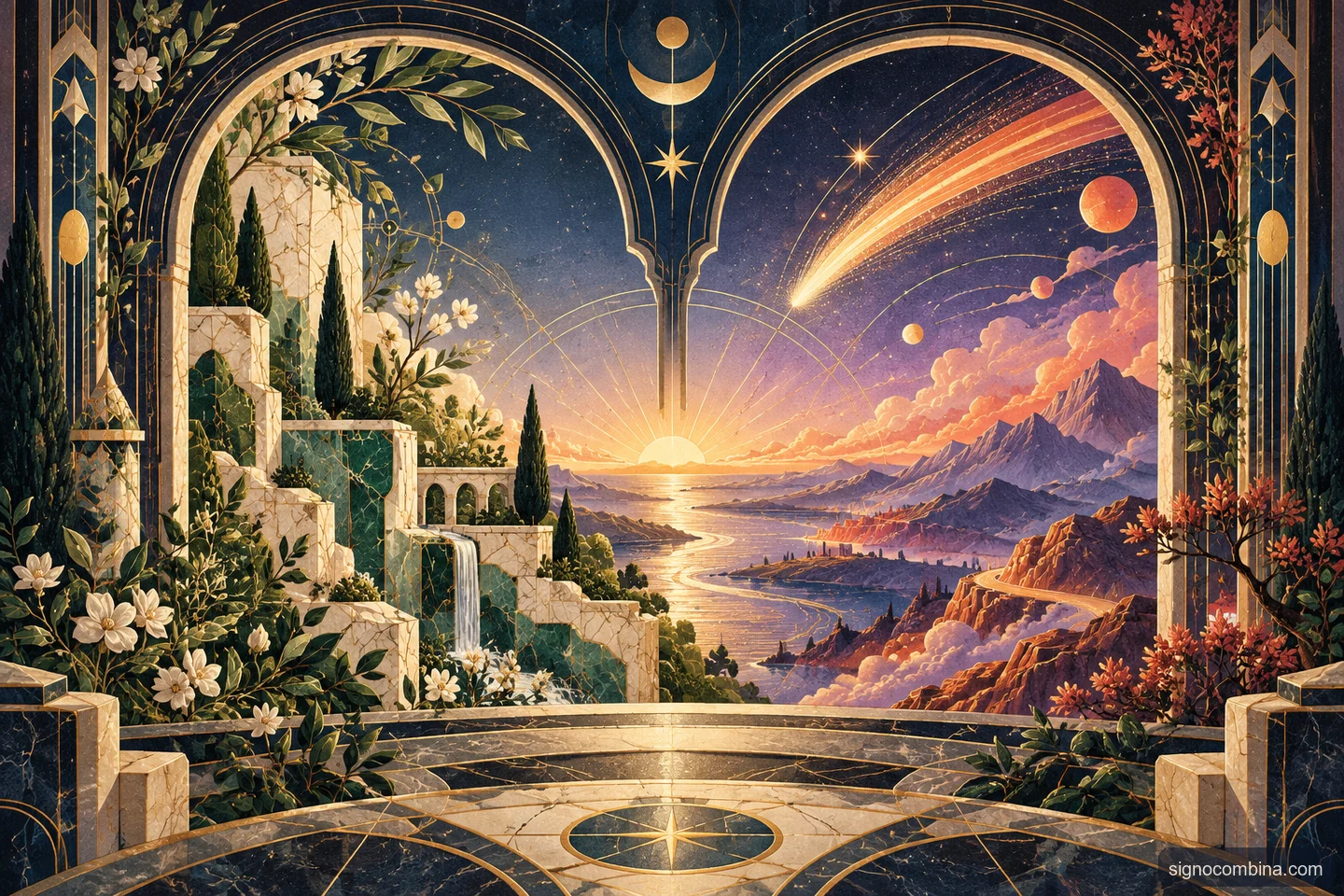 Ilustração celeste do encontro entre Virgem e Sagitário