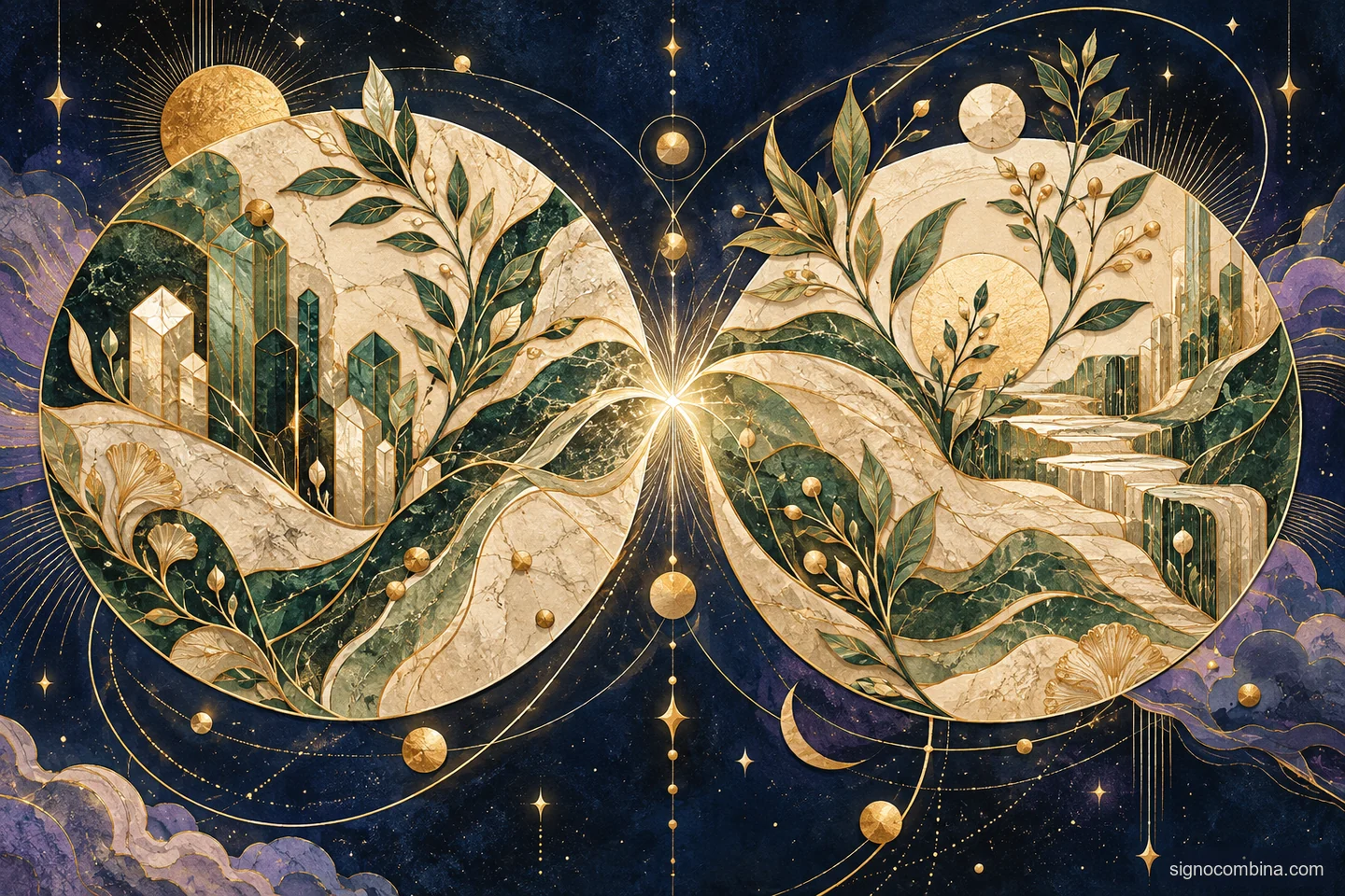 Ilustração celeste do encontro entre Virgem e Virgem