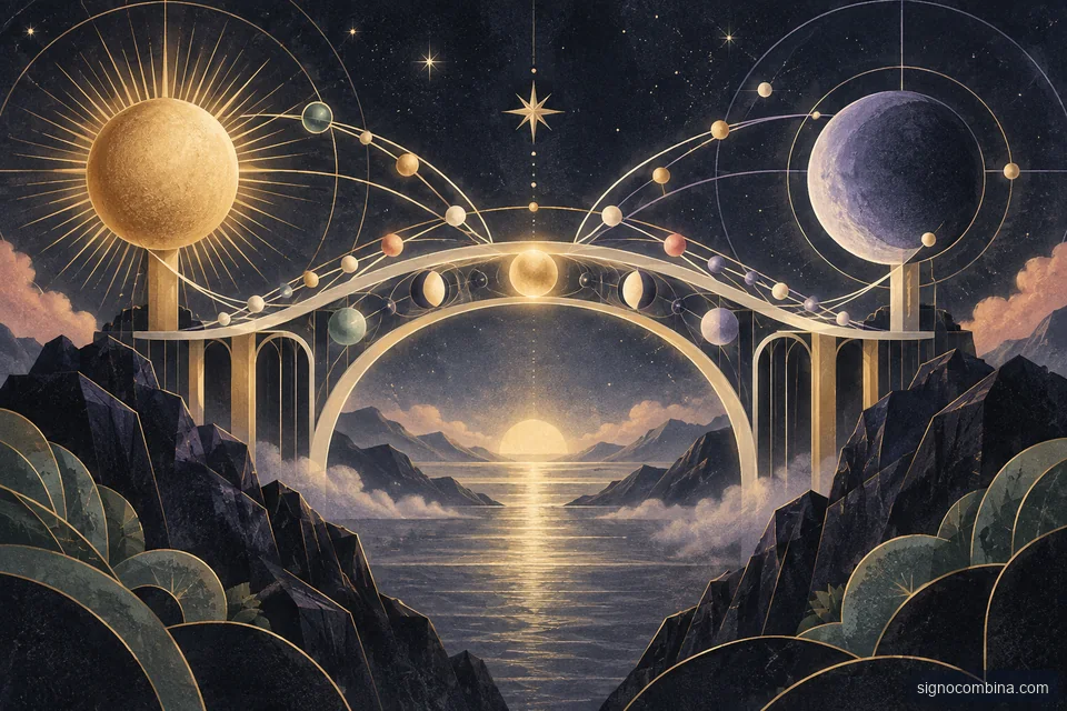 Duas estruturas celestes sustentam uma ponte iluminada